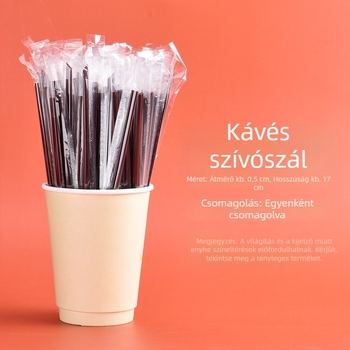 Egyszer használatos kávékeverő műanyagból, egyenes csővel, egyedi csomagolásban, háromlyukú