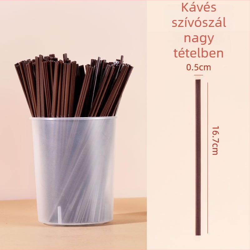 Egyszer használatos kávékeverő műanyagból, egyenes csővel, egyedi csomagolásban, háromlyukú
