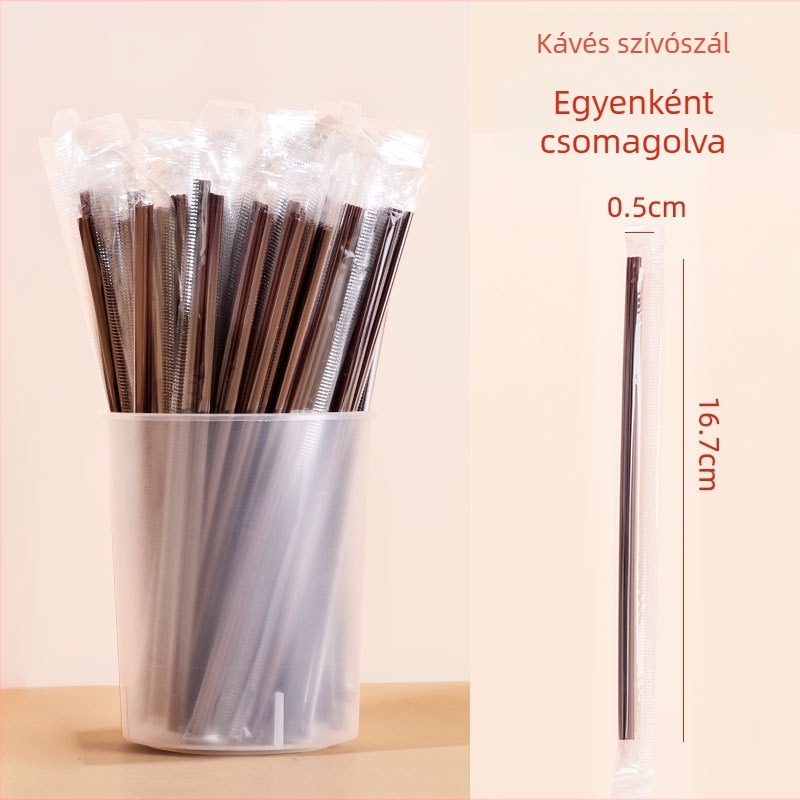 Egyszer használatos kávékeverő műanyagból, egyenes csővel, egyedi csomagolásban, háromlyukú