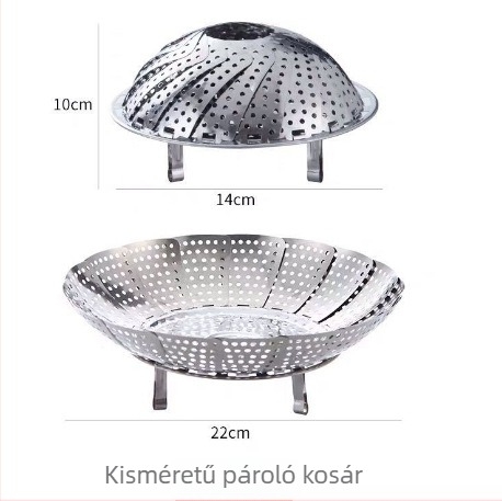 Rozsdamentes acélból készült hajtogatható és nyújtható gőzölő állvány görbült élekkel, többfunkciós gőzöls kosár és gyümölcstál