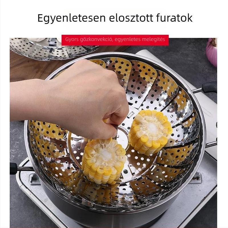 Rozsdamentes acélból készült hajtogatható és nyújtható gőzölő állvány görbült élekkel, többfunkciós gőzöls kosár és gyümölcstál