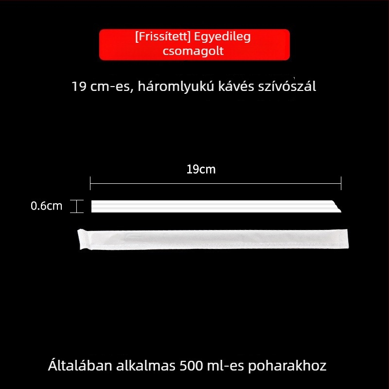 Egyszer használatos háromlyukú szívószál, hegyes végű, kávéhoz, teához és forró vagy hideg italokhoz, egyenként csomagolva, élelmiszer-minőségű keverőpálca gyümölcsléhez