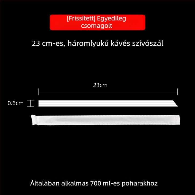 Egyszer használatos háromlyukú szívószál, hegyes végű, kávéhoz, teához és forró vagy hideg italokhoz, egyenként csomagolva, élelmiszer-minőségű keverőpálca gyümölcsléhez