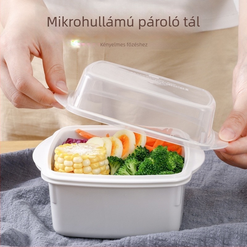 Mikrohullámú sütőhöz való gőzölő kosár fedővel, otthoni használatra; kis műanyag gőzölő tál