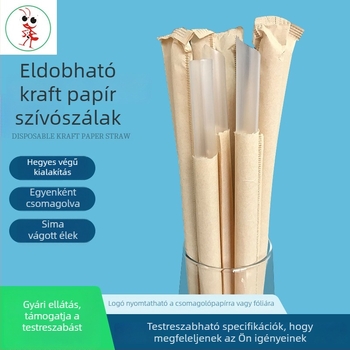 Egyszer használatos, átlátszó PP műanyag szívószálak, egyenként csomagolva Kraft papírba, hegyes végűek, tej-tea italokhoz