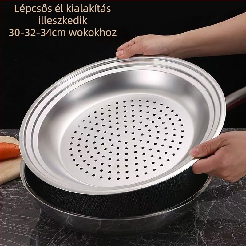 Rozsdamentes acélból készült gőzölő tálca wokhoz, 30–32–34 cm, gőzölő rács és kosár