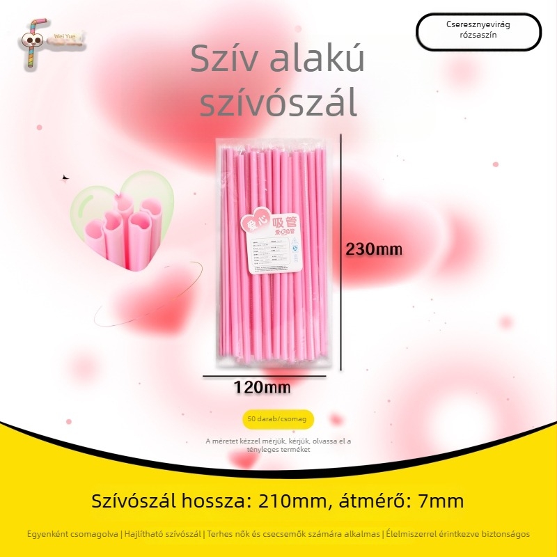 PP szív alakú rózsaszín szívószálak, szív alakú egyenes szívószálak, egyenként csomagolva