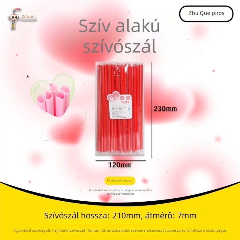 PP szív alakú rózsaszín szívószálak, szív alakú egyenes szívószálak, egyenként csomagolva
