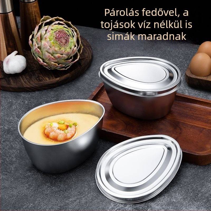 Tojás pároló tál fedővel, kapcsos formájú csepp alakú, élelmiszer-minőségű rozsdamentes acélból, rizsfőzőhöz