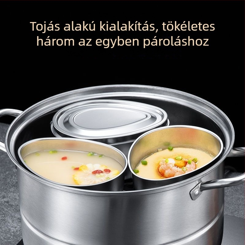 Tojás pároló tál fedővel, kapcsos formájú csepp alakú, élelmiszer-minőségű rozsdamentes acélból, rizsfőzőhöz