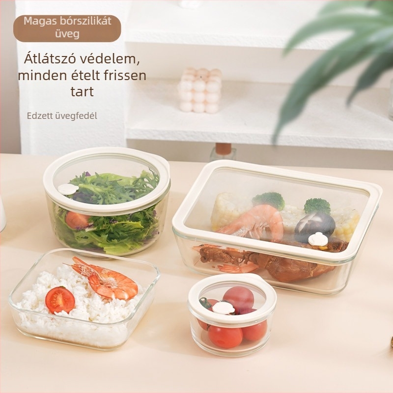 Magas boroszilikát üvegből készült ebédes doboz, mikrohullámú sütőbe tehető, munkahelyre tervezve, hőálló, frissen tartja az ételt.