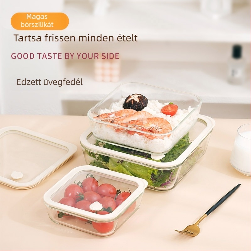 Magas boroszilikát üvegből készült ebédes doboz, mikrohullámú sütőbe tehető, munkahelyre tervezve, hőálló, frissen tartja az ételt.