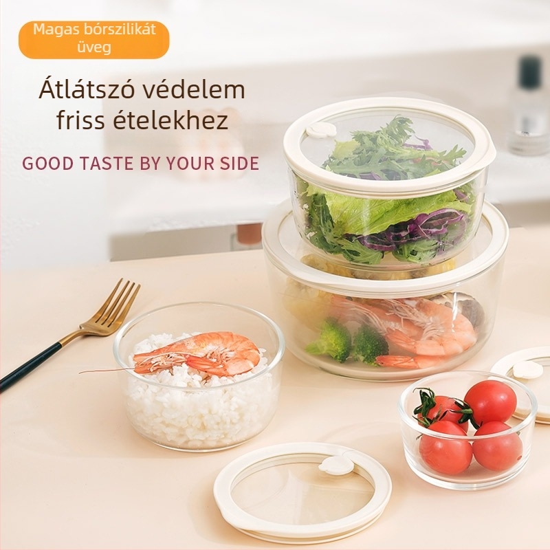 Magas boroszilikát üvegből készült ebédes doboz, mikrohullámú sütőbe tehető, munkahelyre tervezve, hőálló, frissen tartja az ételt.