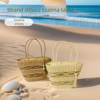 Lyukasztott szalma válltáska bojtokkal, szőtt strandtáska nőknek