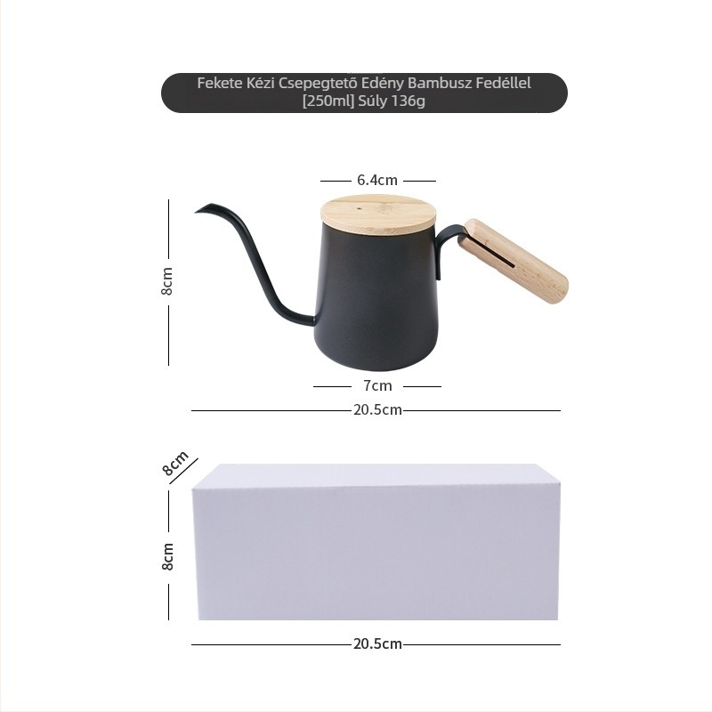 Fából készült fogantyújú pour-over kancsó, hosszú keskeny kiömlőcső, belső mérőskála SUS304 rozsdamentes acélból, mini kompakt dizájn, nordic stílus