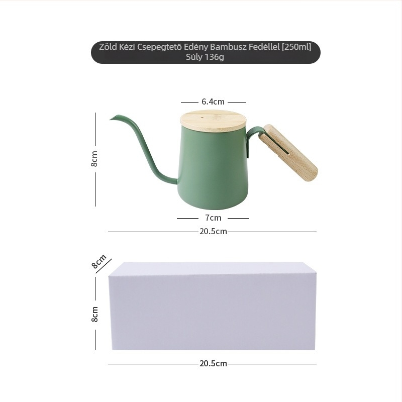 Fából készült fogantyújú pour-over kancsó, hosszú keskeny kiömlőcső, belső mérőskála SUS304 rozsdamentes acélból, mini kompakt dizájn, nordic stílus