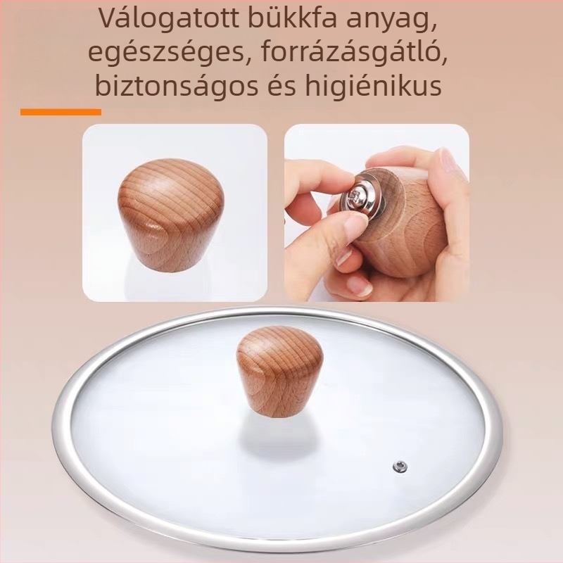 T alakú rozsdamentes acél fazékfedő, széles peremmel, háztartási használatra, hőálló üvegből, fogantyú nélkül