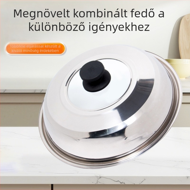 Rozsdamentes acél edényfedő, kör alakú, edzett üveggel, univerzális méret, hőálló