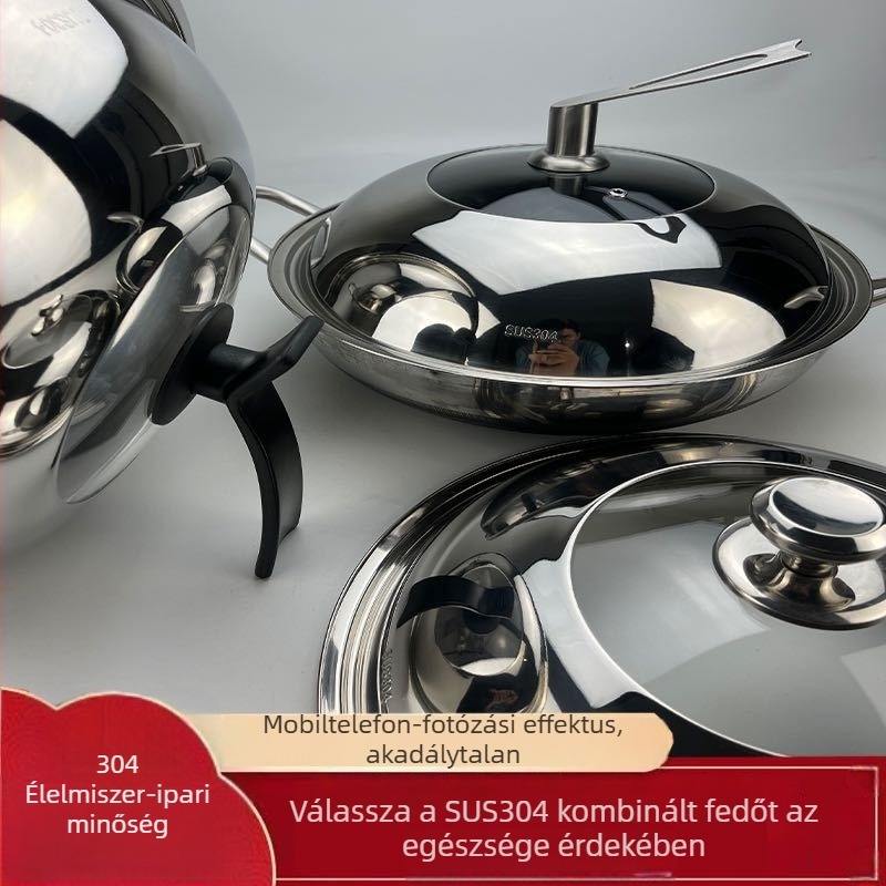 304 rozsdamentes acél wok fedő, megerősített üvegfedél, extra vastag, mély dob dizájn, átlátszó nézőfedél