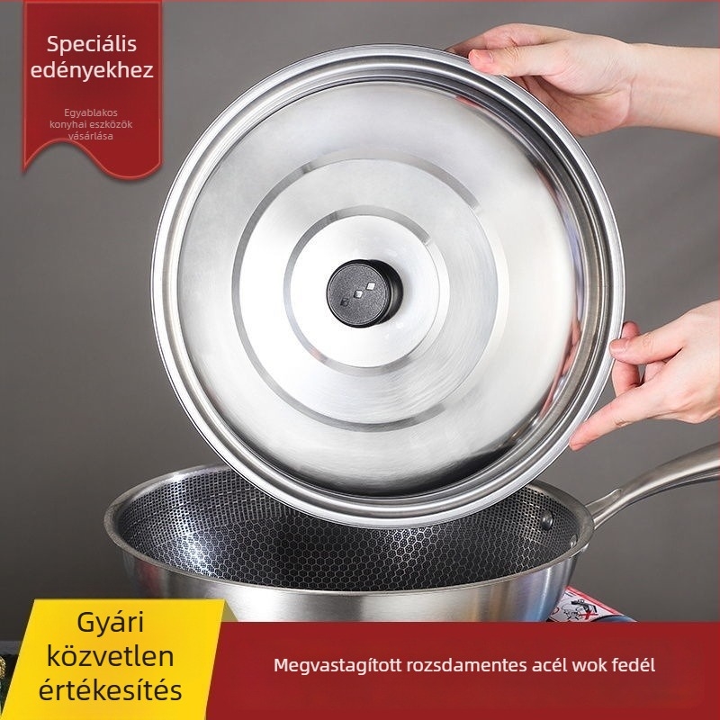 Rozsdamentes acél wok fedő, kerek, vastított, extra nagy, háztartási és üzleti használatra
