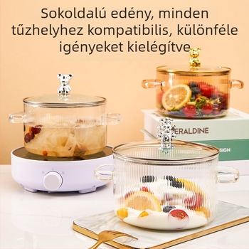 Medve alakú boroszilikát üveg tejfazék, két oldalsó fogantyúval, hőálló nyílt lánghoz; ideális levesekhez, zabkásához és raguhoz gáztűzhelyen.