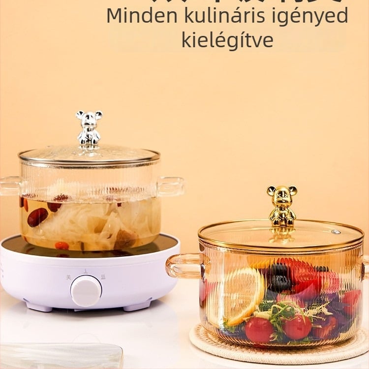 Medve alakú boroszilikát üveg tejfazék, két oldalsó fogantyúval, hőálló nyílt lánghoz; ideális levesekhez, zabkásához és raguhoz gáztűzhelyen.