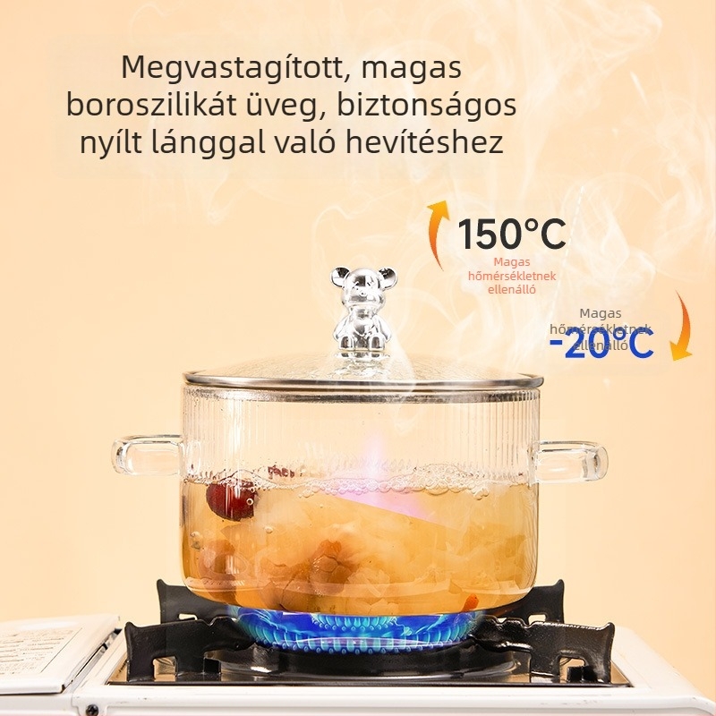 Medve alakú boroszilikát üveg tejfazék, két oldalsó fogantyúval, hőálló nyílt lánghoz; ideális levesekhez, zabkásához és raguhoz gáztűzhelyen.