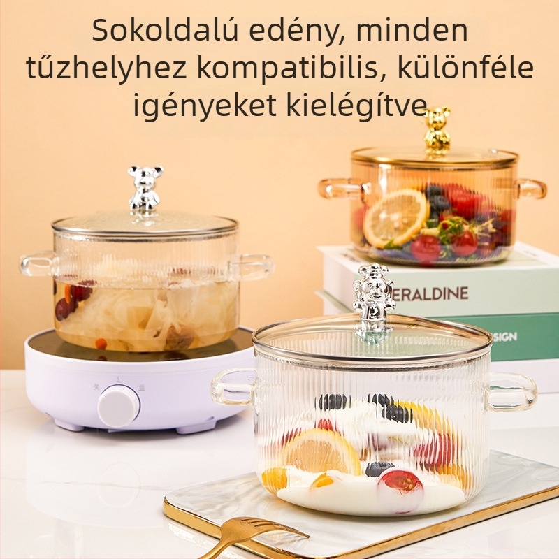 Medve alakú boroszilikát üveg tejfazék, két oldalsó fogantyúval, hőálló nyílt lánghoz; ideális levesekhez, zabkásához és raguhoz gáztűzhelyen.