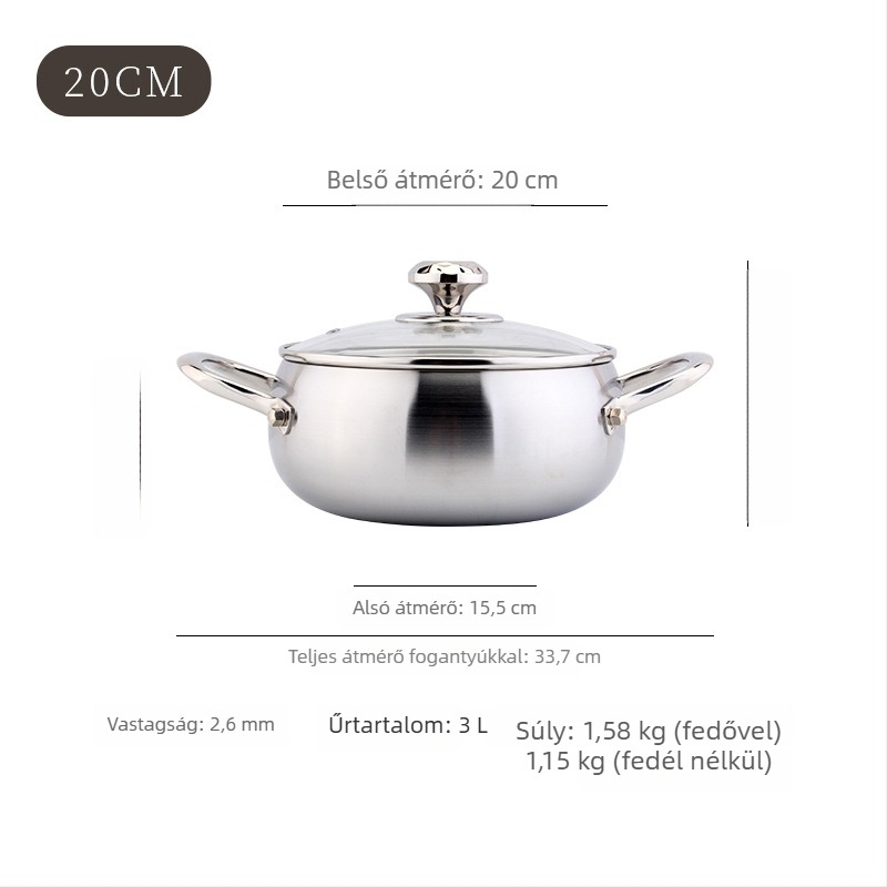 Cookone 18/10 rozsdamentes acél, gyémánt mintázatú dob alakú leveses fazék, vastagított, 2.1–3 L, 304, háromrétegű aljzat, üvegfedél