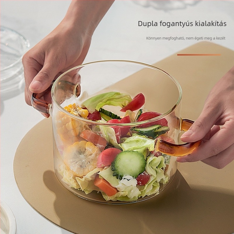 Boroszilikát üvegből készült leveses fazék átlátszó fedővel, nyílt lángon és gázfőzőn használható, 1,1–2 L.