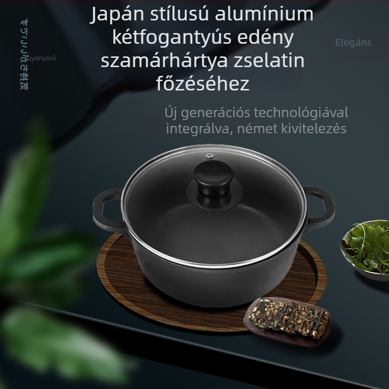 Japán stílusú alumínium háztartási edénykészlet — mély leveses fazék két fogantyúval, tapadásmentes bevonattal, üvegfedővel