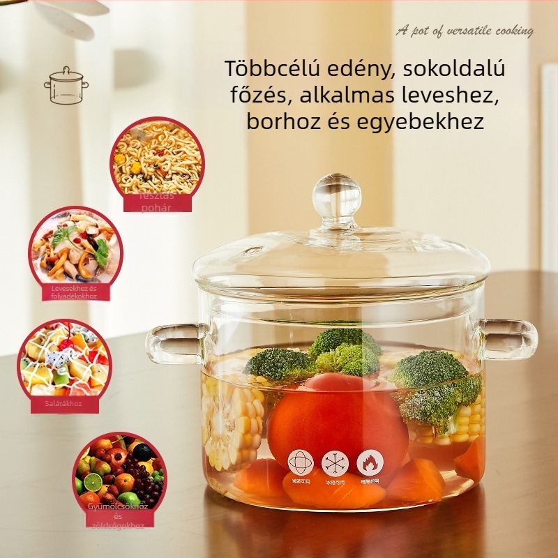 Leveses fazék üvegből fedővel, boroszilikát üveg, 1,1–2 L, gáztűzhelyre alkalmas