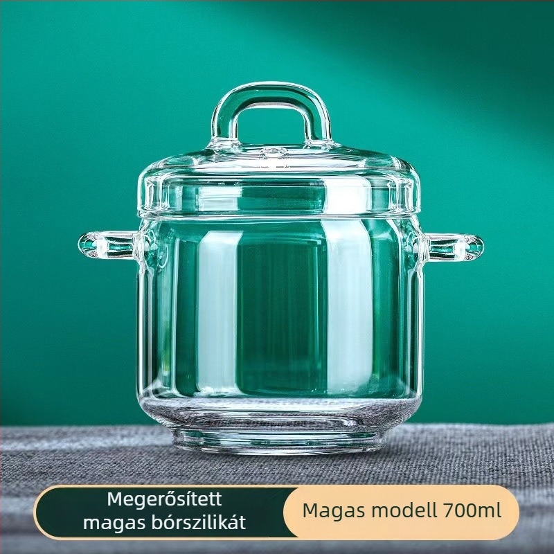 Boroszilikát üvegből készült leveses fazék, vastag falú, hőálló, dupla fogantyúval, kis kapacitású egészséges levesekhez