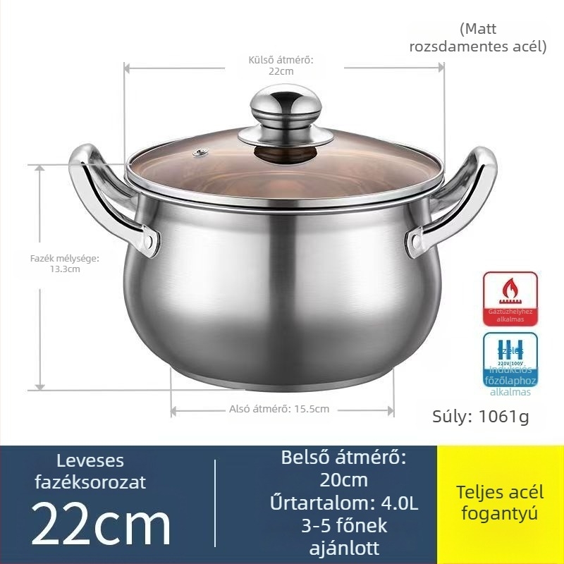 Megvastagított rozsdamentes acél alma alakú edény háztartási használatra, 24 cm, nagy kapacitású leveshez, tésztafőzéshez és hot pot-hoz, indukciós és gáztűzhelyhez egyaránt