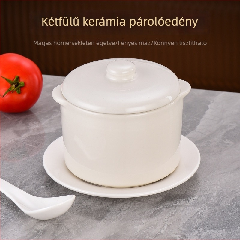 1 személyes kerámia edény két füllel, gőzölésre és madárfészek leveshez, fedéllel és belső edénnyel