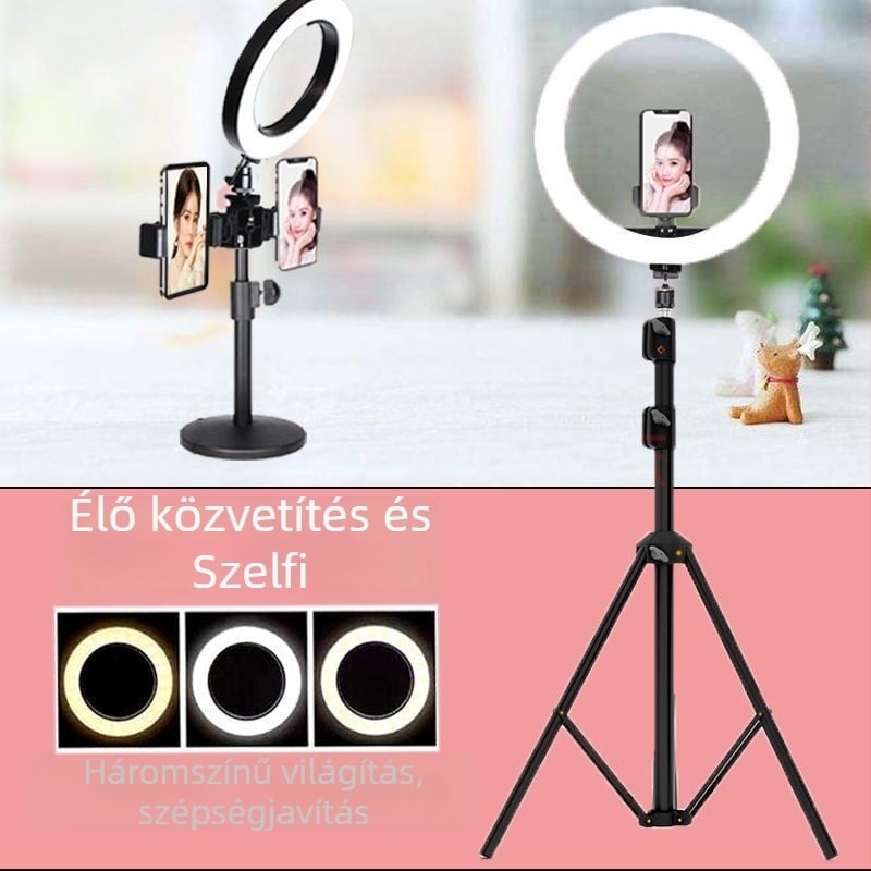 Telefonra szerelt élő közvetítéshez használható állvány, kiegészítő fénnyel és bőrt simító hatással, asztali tripod fényképezéshez, univerzális használat