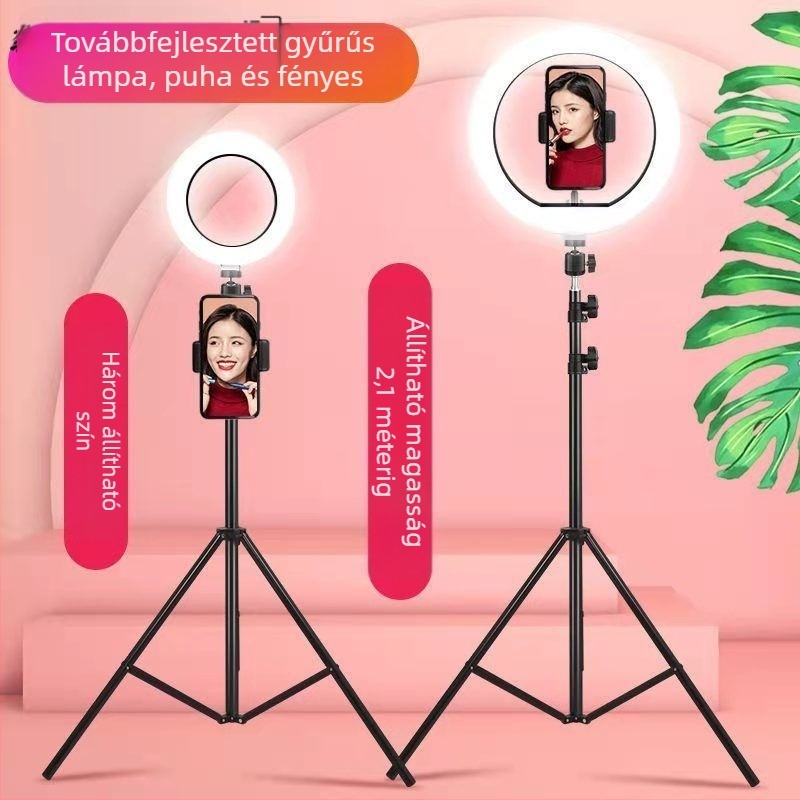 Telefonra szerelt élő közvetítéshez használható állvány, kiegészítő fénnyel és bőrt simító hatással, asztali tripod fényképezéshez, univerzális használat