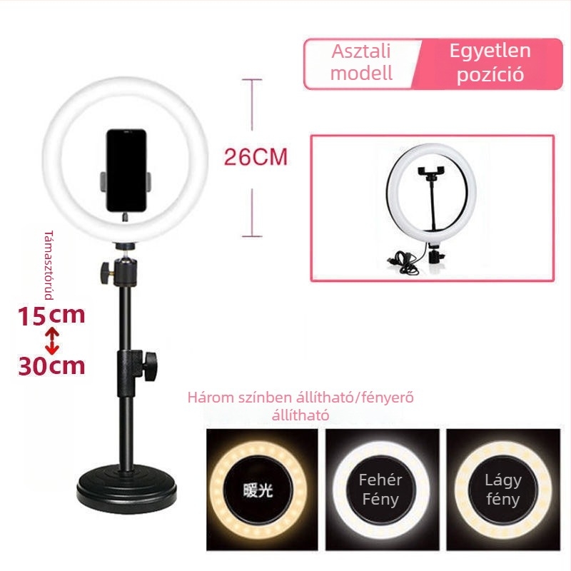 Telefonra szerelt élő közvetítéshez használható állvány, kiegészítő fénnyel és bőrt simító hatással, asztali tripod fényképezéshez, univerzális használat