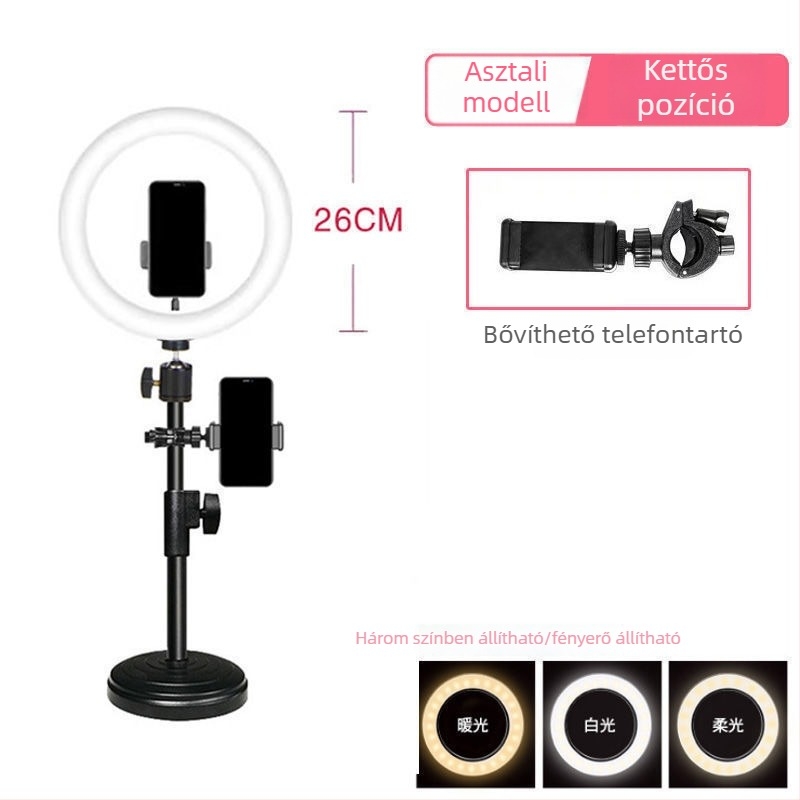Telefonra szerelt élő közvetítéshez használható állvány, kiegészítő fénnyel és bőrt simító hatással, asztali tripod fényképezéshez, univerzális használat