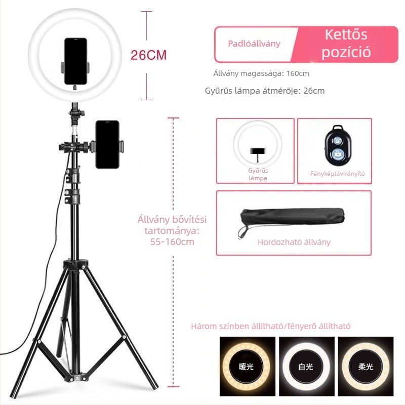 Telefonra szerelt élő közvetítéshez használható állvány, kiegészítő fénnyel és bőrt simító hatással, asztali tripod fényképezéshez, univerzális használat