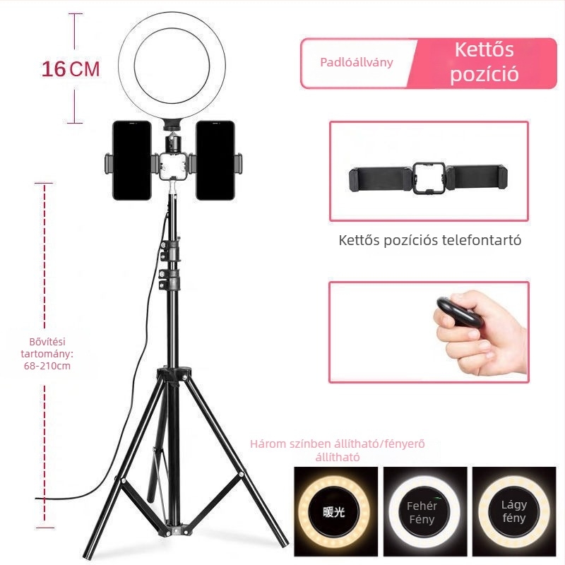 Telefonra szerelt élő közvetítéshez használható állvány, kiegészítő fénnyel és bőrt simító hatással, asztali tripod fényképezéshez, univerzális használat