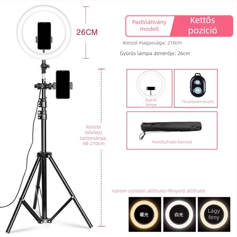 Telefonra szerelt élő közvetítéshez használható állvány, kiegészítő fénnyel és bőrt simító hatással, asztali tripod fényképezéshez, univerzális használat