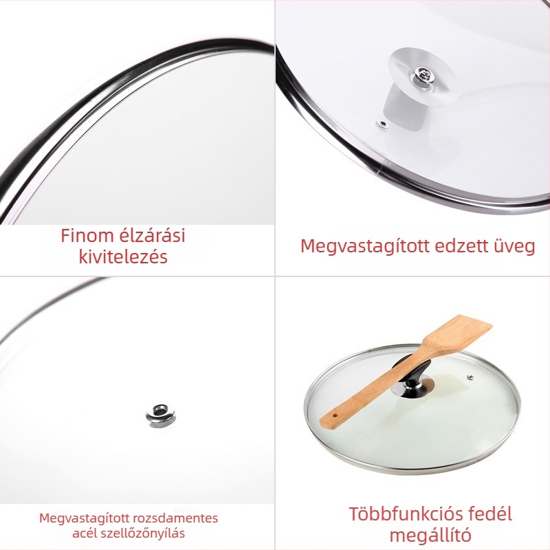Háztartási használatra szánt edényfedél temperált üvegből, nagy és kis serpenyőkhöz és gőzölőkhöz, fogantyúval, 30 cm/32 cm, átlátszó fedél, állítható függőleges állásban