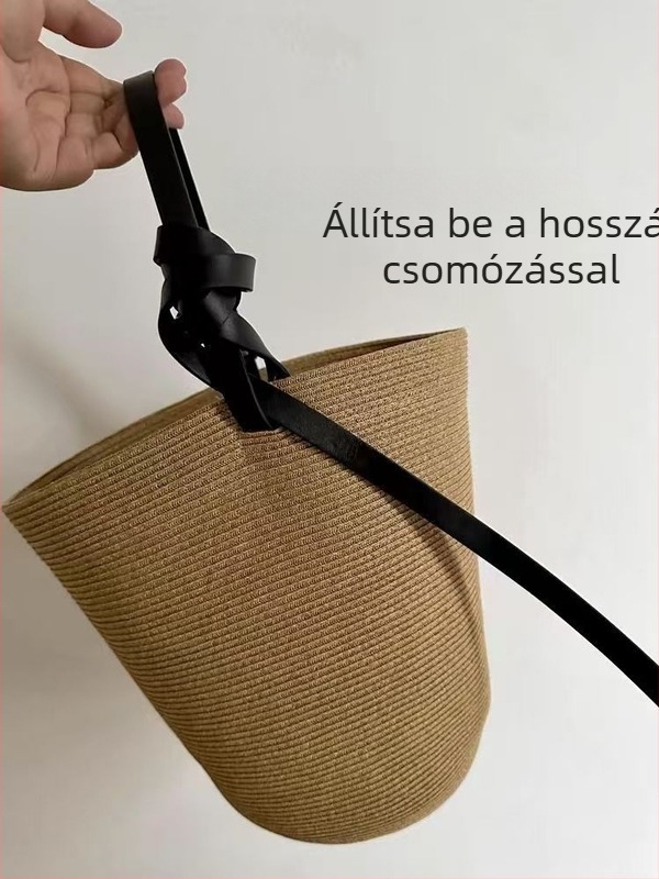Szalmából készült nyári bucket táska, nagy kapacitású, egy vállú, strandos vintage stílus