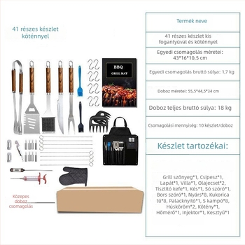 Fa erezetes grill eszközkészlet, 41 darabos, csomagolva vászontáskában