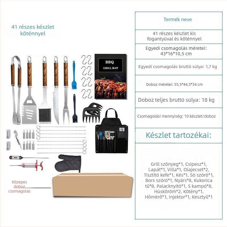 Fa erezetes grill eszközkészlet, 41 darabos, csomagolva vászontáskában