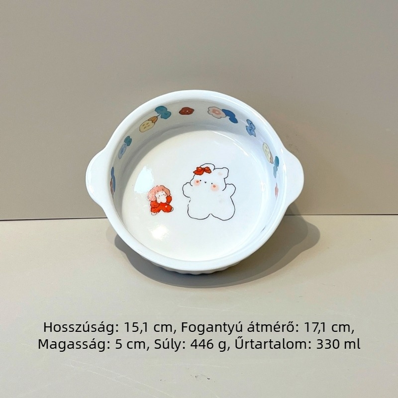 Kerámia sütő- és mikróbarát tál, két fogantyúval, kör alakú rizses tál aranyos nyuszival