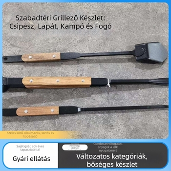 Kültéri grillkészlet: fogók, lapát, kampó, csipesz, hőálló lapát, faszenes grill eszközök