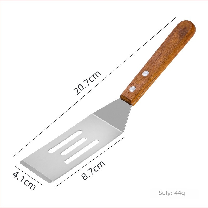 Rozsdamentes acél spatula készlet, fa nyéllel, teppanyaki grillezéshez és steak sütéséhez