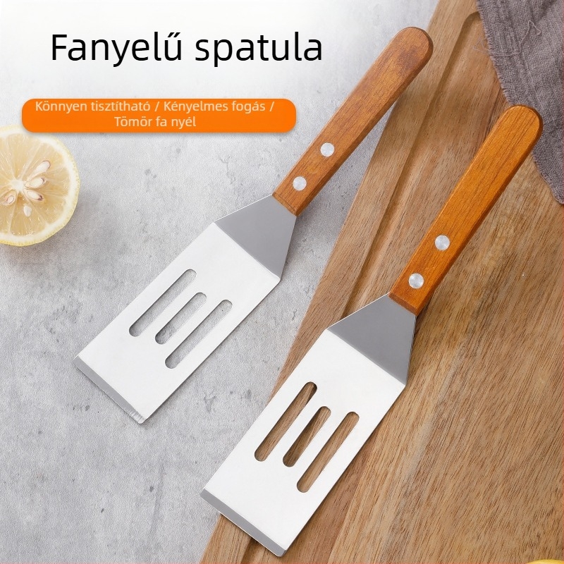 Rozsdamentes acél spatula készlet, fa nyéllel, teppanyaki grillezéshez és steak sütéséhez